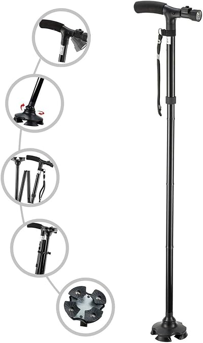 RUNZI Folding Cane with LED Light Adjustable Quad Base 53-25 In Titanium