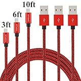 Micro USB Cable Android Charger,Farplus 3Pack 3 6 10 FT Fast Charging Power Cord Extra Long Nylon Braided Charger Cord for Samsung S7/S6,Tablet,HTC,Kindle,Motorola,PS4,MP3 and More(Black/Red)
