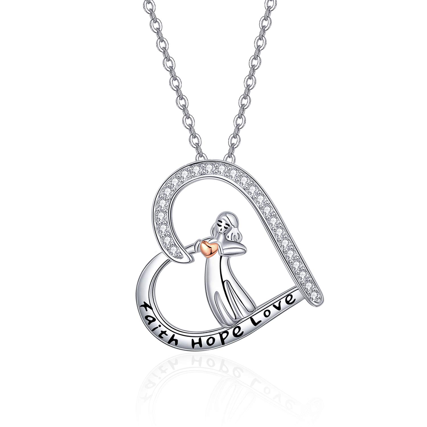 praymos Heart Necklace for Womens 925 Sterling Silver Crystal Engraved Heart Pendant Hypoallergenic Jewellery Birthday Xmas Gifts for Girls