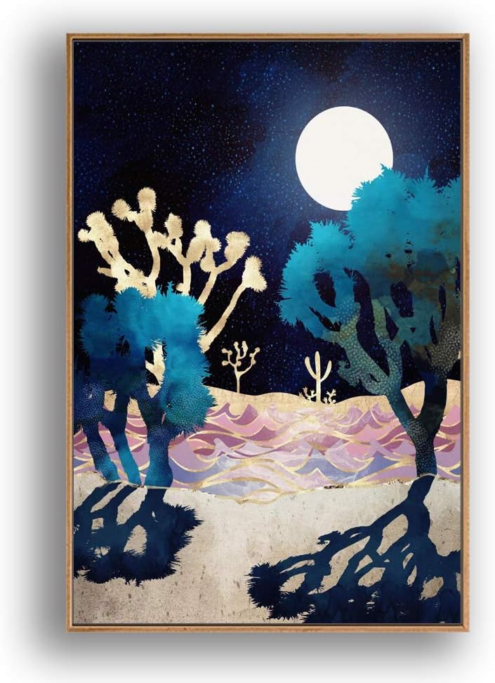SIGNFORD Framed Canvas Print Wall Art Moonlight Over The Desert Trees Abstract Wilderness Digital Art Modern Art Southwest Colorful for Living Room, Bedroom, Office - 16"x24" Natural