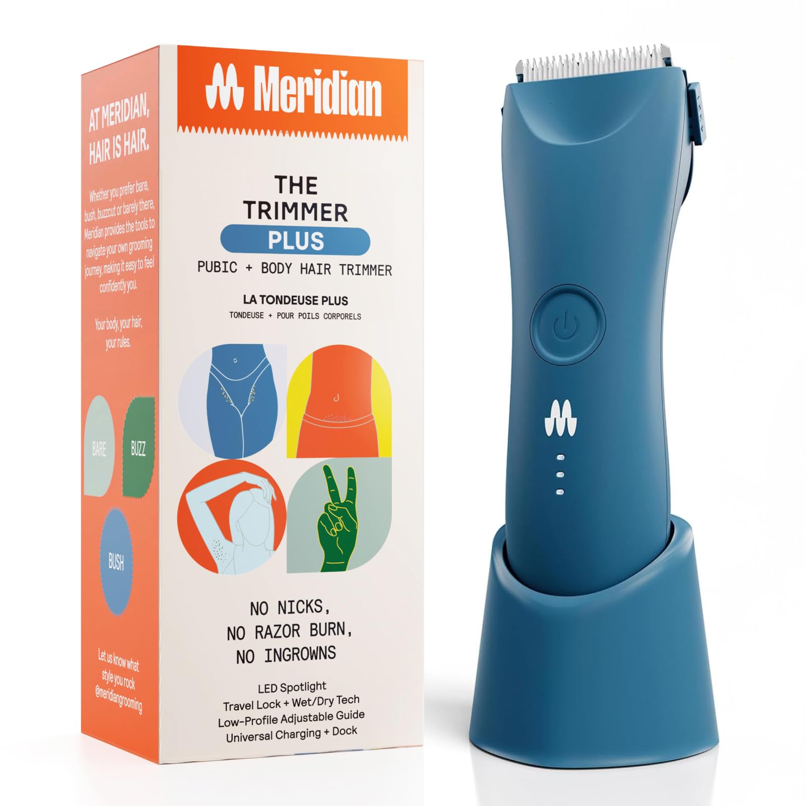 Meridian The Trimmer Plus, Body Hair Trimmer & Waterproof Electric Shaver for Men and Women for Pubic Hair, Chest, Legs & Bikini Line, UBS-C Cable & Charging Dock Included, Ocean