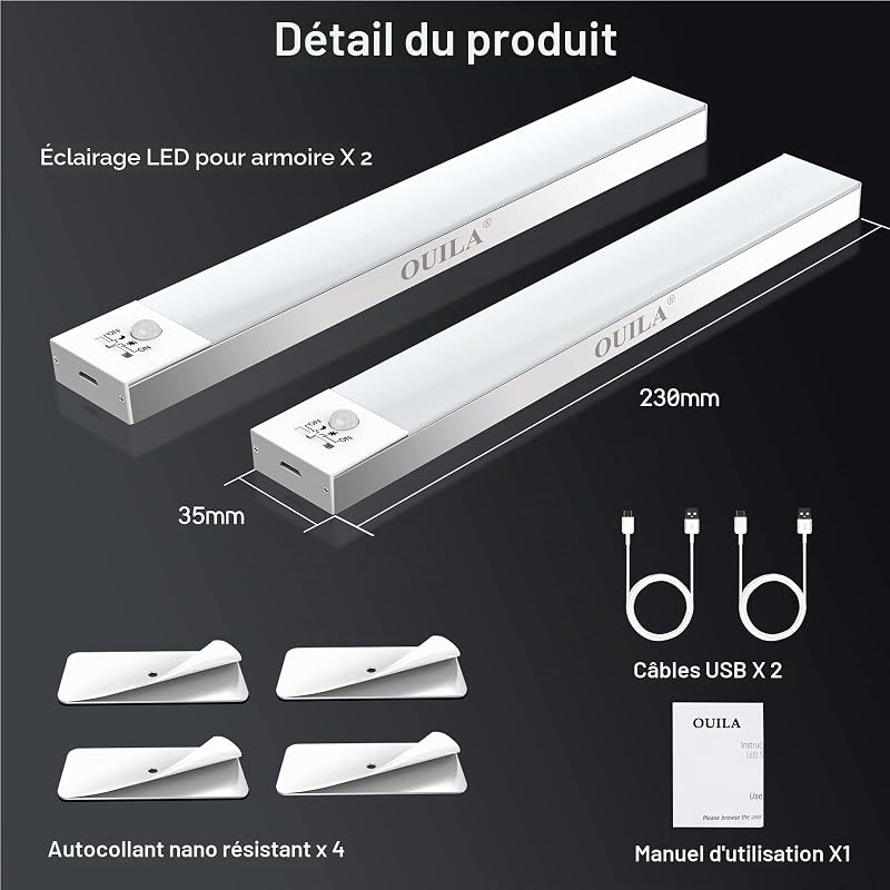 Lampe d'Armoire 36 LEDs, Rechargeable USB Sans Fil LED Lampe de Placard à Détecteur de Mouvement, Éclairage à LED étude de Cuisine Veilleuse Escalier Couloir (2 Pack)