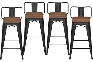 HAOBO Home 24" Low Back Metal Counter Stool Height Bar Stools with Wooden Seat [Set of 4] Barstools, Matte Black