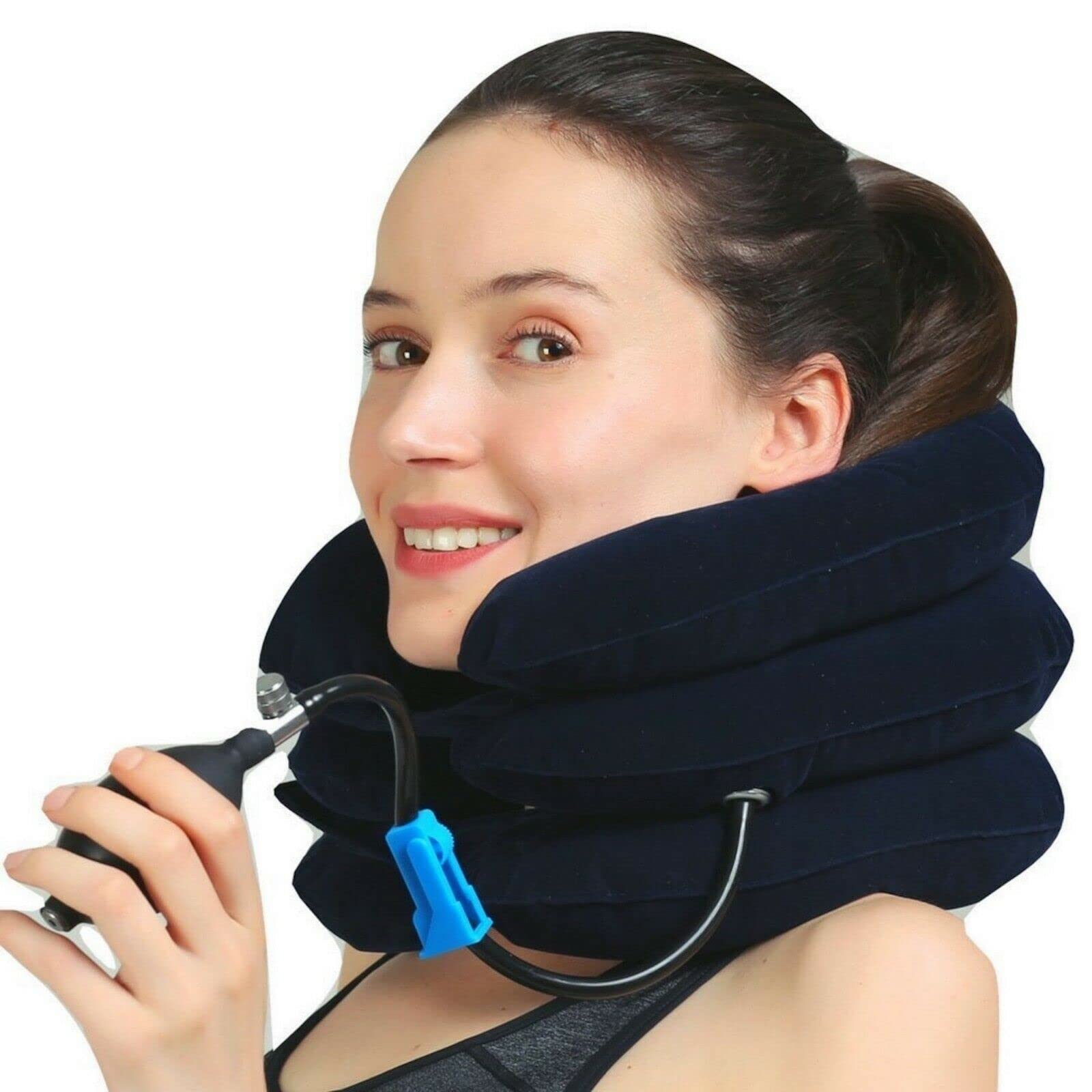 Foldable Travel Pillow & Air Neck Traction Reduce Neck Pain (Navy Blue)