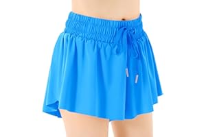 QOONOO Girls Butterfly Athletic Shorts, Kids Flowy Shorts with Pocket 2-in-1 Running Shorts Active Workout Cheerleading