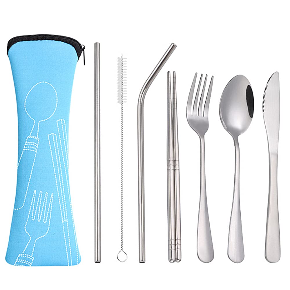 Portable Utensils, Reusable Travel Camping Cutlery Set,8-Piece Including Knife Fork Spoon Chopsticks Cleaning Brush Straws Portable Case, Stainless Steel Flatware Utensils (Blue Packaging)