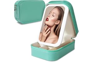 HEYMKGO Travel Makeup Bag with Led Mirror, Mini Portable Cosmetic Jewelry Divider Storage Organizer Case with USB Rechargeable 3 Color Lighted Lighting Mirror (Green)