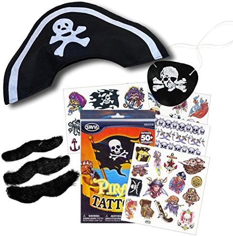 Pirate Costume Set with Pirate Hat, Pirate Tattoos, Eye Patch, and Hairy Mustaches