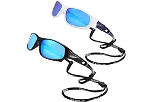 COASION Kids Sports Polarized Sunglasses with Strap 2 Pack Mirrored Glasses Shades for Boys Girls Age 4-12 (White-Blue/Blue Mirror+Black/Blue Mirror)