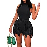 EDITCOZY Women Fringe Shorts 2 Piece Pants Sets Outfits Sexy Tank Crop Tops Tassel Romper Party Club Night