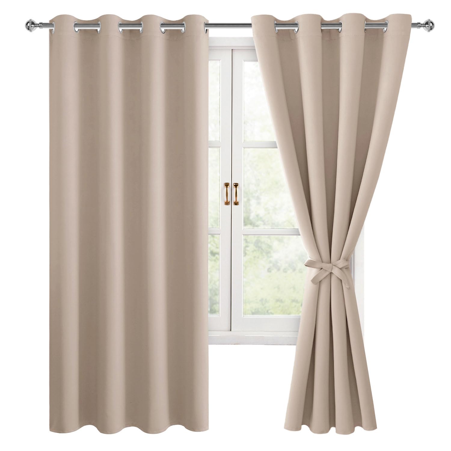 Hiasan Blackout Curtains for Bedroom, 52 x 63 Inches Length - Thermal Insulated & Light Blocking Window Curtains for Living Room/Kids Room, 2 Drape Panels Sewn with Tiebacks, Camel Image
