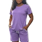 Oppchy Womens Summer 2 Piece Outfits Lounge Short Sleeve Round Neck Tops and Shorts Set