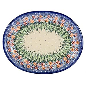 Traditional Polish Pottery, Handcrafted Oval Banquet Serving Platter 34cm, Boleslawiec Style Pattern, S.201.Daisy