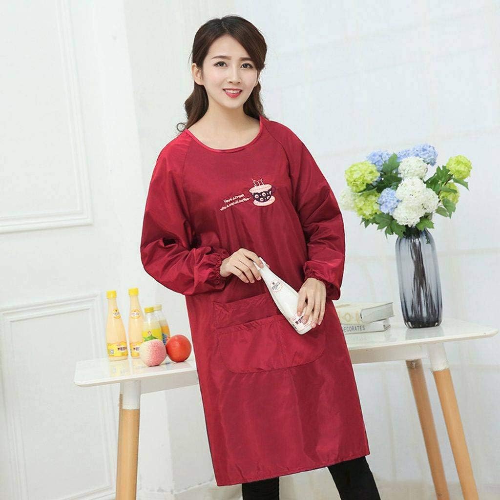 Bove Korean Version Ms Waterproof Gown Long Sleeve Waist, Apron Adult Kitchen Work Clothes Anti-Dressing.-Red Wine