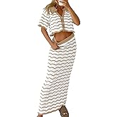 Saodimallsu Women Striped Beach Cover Up Set Button Short Sleeve Collared Crop Top Maxi Skirt Crochet 2 Piece Outfits