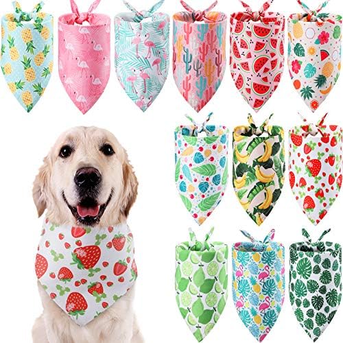 Weewooday 12 Items Canine Bandana Scarf Washable Triangular Bibs Pet Summer season Flamingo Fruit Print Adjustable Washable Kerchief Hawaii Canine Bandana for Small and Massive Canines
