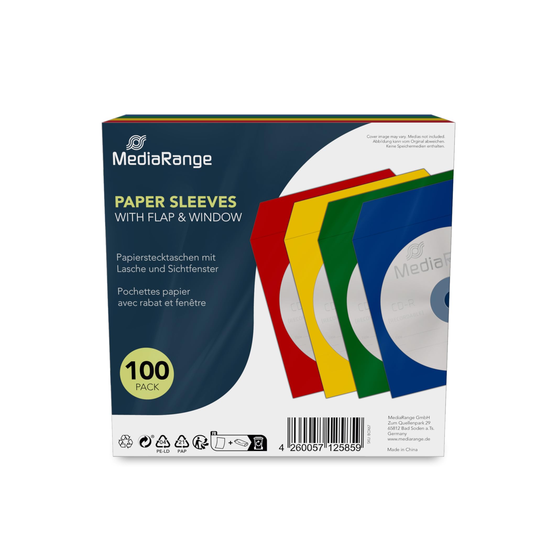MediaRange BOX67 CD Paper Wrappers (100) Coloured with Window