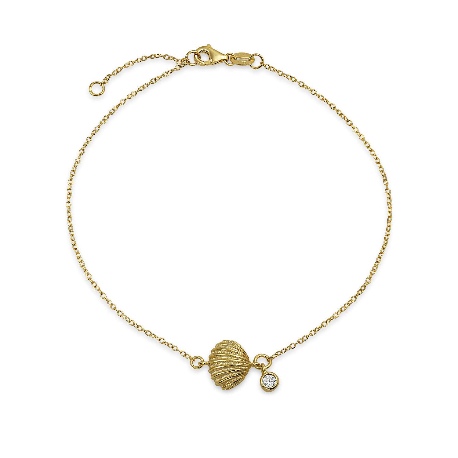 Bling Jewelry Nautical Tropical Vacation CZ Accent Seashell Clam Shell Anklet Ankle Bracelet For Women Gold Plated Sterling Silver 9-10 Inch — image 1