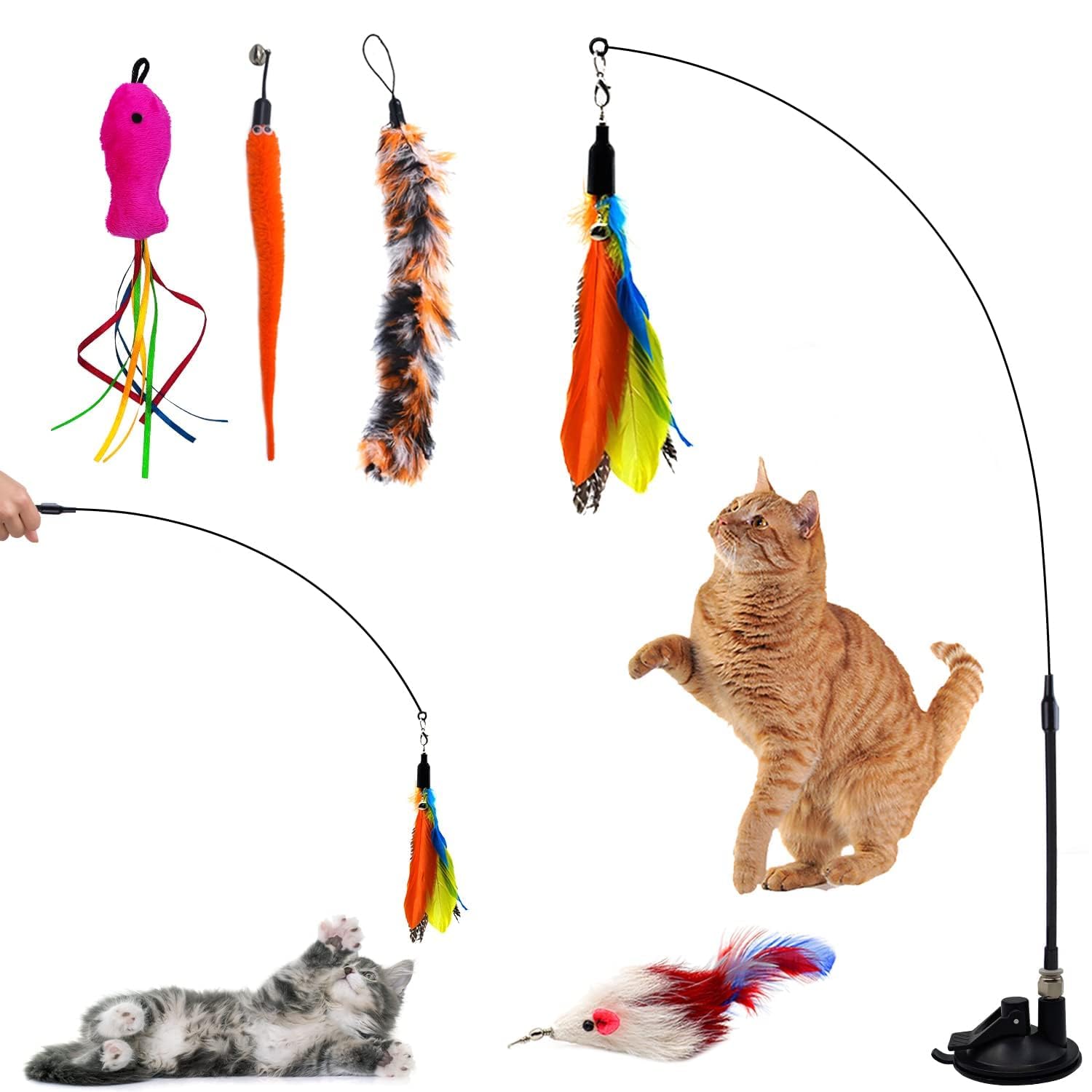 Autoau Cat Toys for Indoor Cats Adult, Interactive Cat Toy Training with 5 Feather Accessories, Cats Feather Toy Suction Cup Pet Teaser Wand Toys for Boredom and Exercise