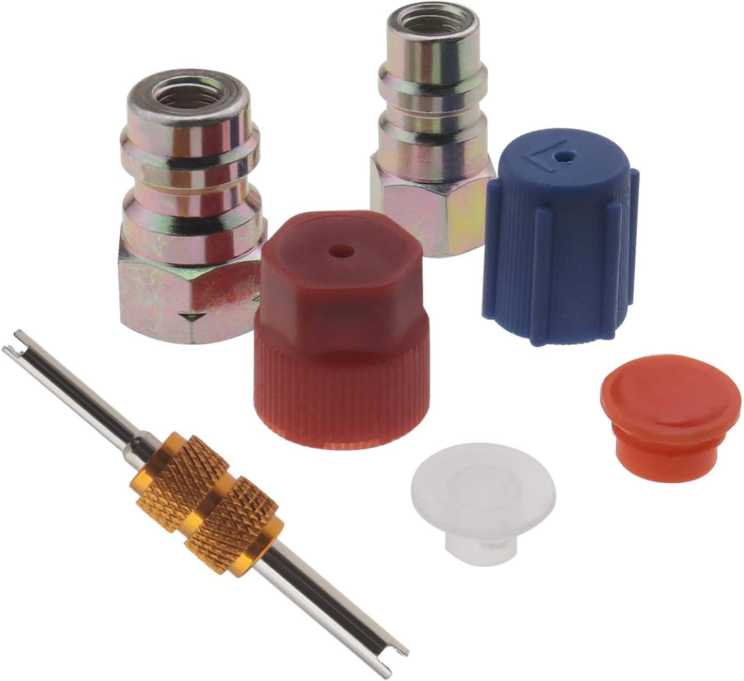 The Lord of the Tools R-12 to R-134a High Low Side Retrofit Conversion Adapter 1/4 SEA Valves Caps Fitting Kit With Valve Core Removal Tool For Car A/C Refrigerant Accessories