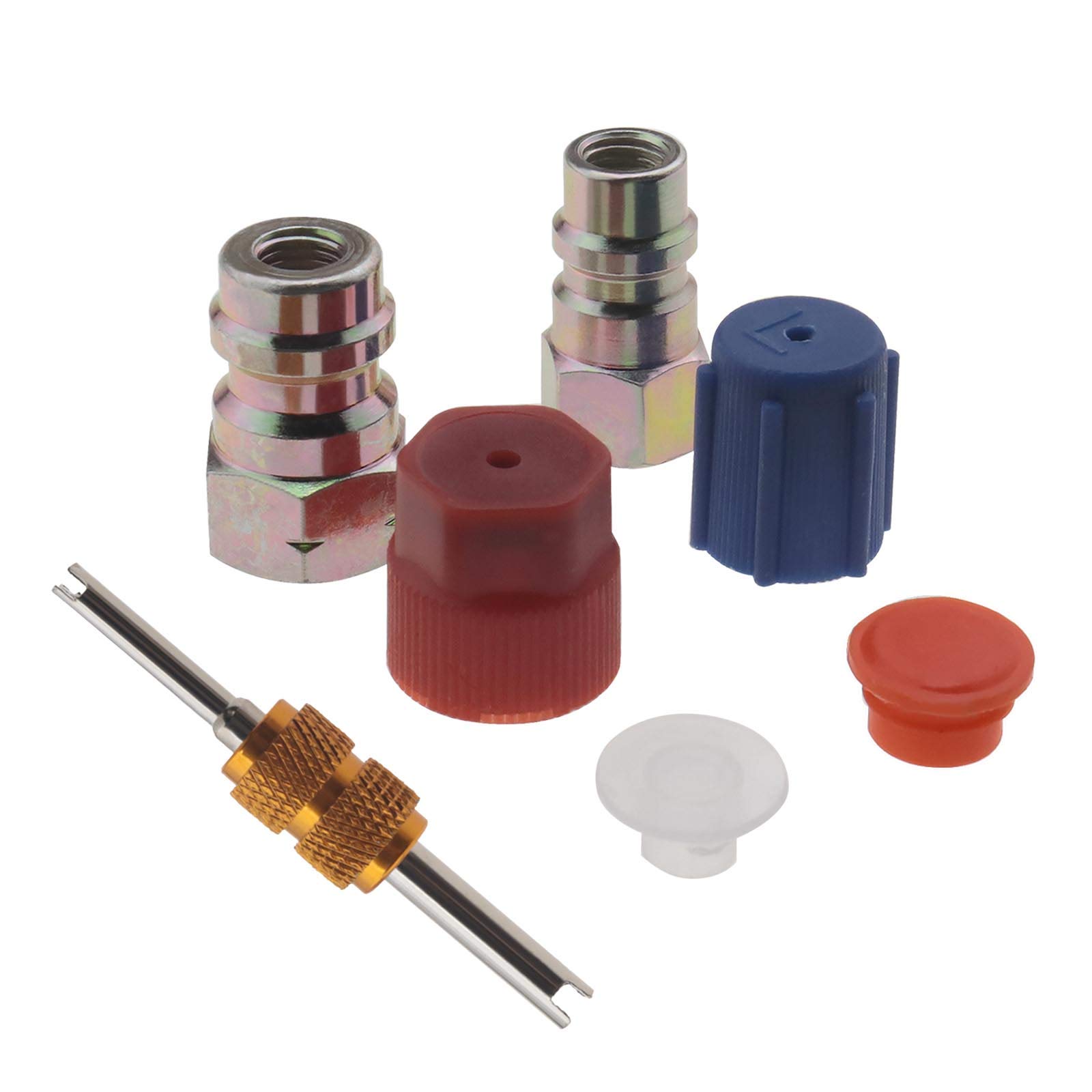 The Lord of the Tools R-12 to R-134a High Low Side Retrofit Conversion Adapter 1/4 SEA Valves Caps Fitting Kit With Valve Core Removal Tool For Car A/C Refrigerant Accessories