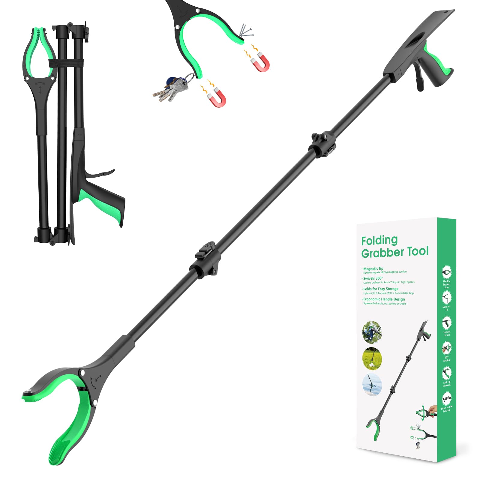 Photo 1 of 51" Extra Long Grabber Reacher Tool, Foldable Reacher Grabber Pickup Tool with Magnetic Tip & 360° Rotating Anti-Slip Claw, Extension Grabber for Seniors, Indoor and Outdoor Trash Picker