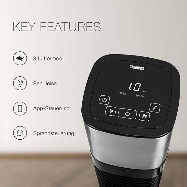 Princess 350000 oszillierender Turmventilator kompatibel mit Alexa und Smart Home Pro 103 cm Hhe Ventilator mit 50W sehr leise mit nur 54dB Grau Schwarz