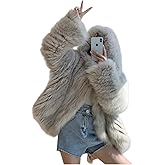Tinhulf Short White Women's Fashion Faux Fur Coat Soft Overcoat Fluffy Fur Jacket Outwear Sweater With Hat