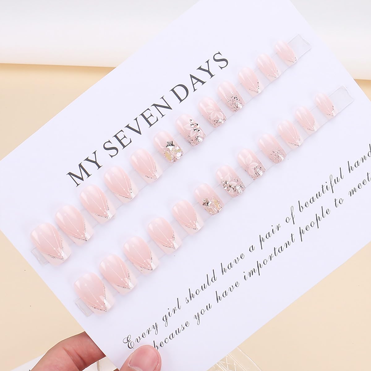 24pcs French Tip Press on Nails Short Square Fake Nails White Flower with Star Rhinestones Design Glitter False Nails Luxury Nail Charms Crafts White Stripes Glue on Nails for Women DIY Nails Kit - Image 3