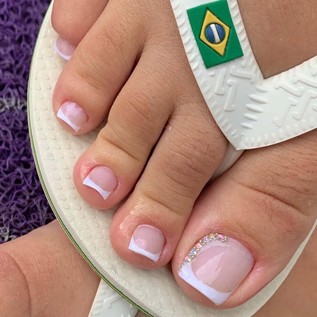 Cubahop 24pcs French Square Fake ToeNails Nude Rhinestone False Toenails Glitter Heart Love Glossy Toe Nail Tips for Women and Girls (pink3)