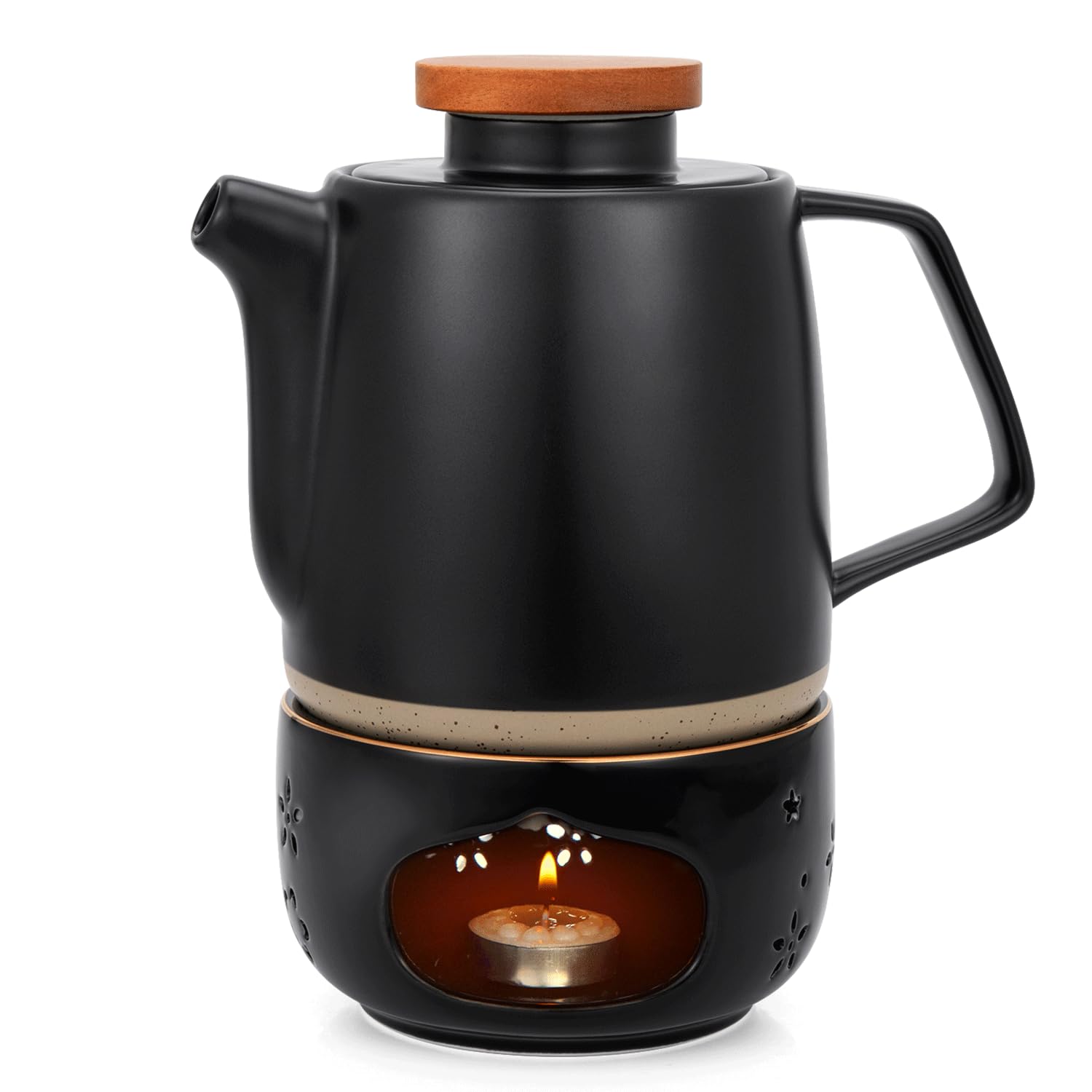 TELANKS Ceramic Teapot with Strainer Insert and Warmer 850 ml, Teapot with Strainer Removable Teapot Porcelain Black