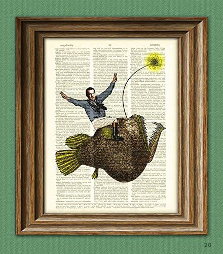 President Richard Nixon Riding a Monster Angler Fish Beautifully Upcycled Dictionary Page Book Art Print