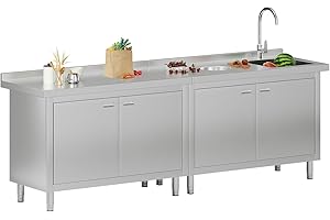 244 cm x 60 cm x 85 cm Stainless Steel Utility Sink with Cabinet, Oversized Kitchen Cabinet with Sink for Restaurant, Outdoor
