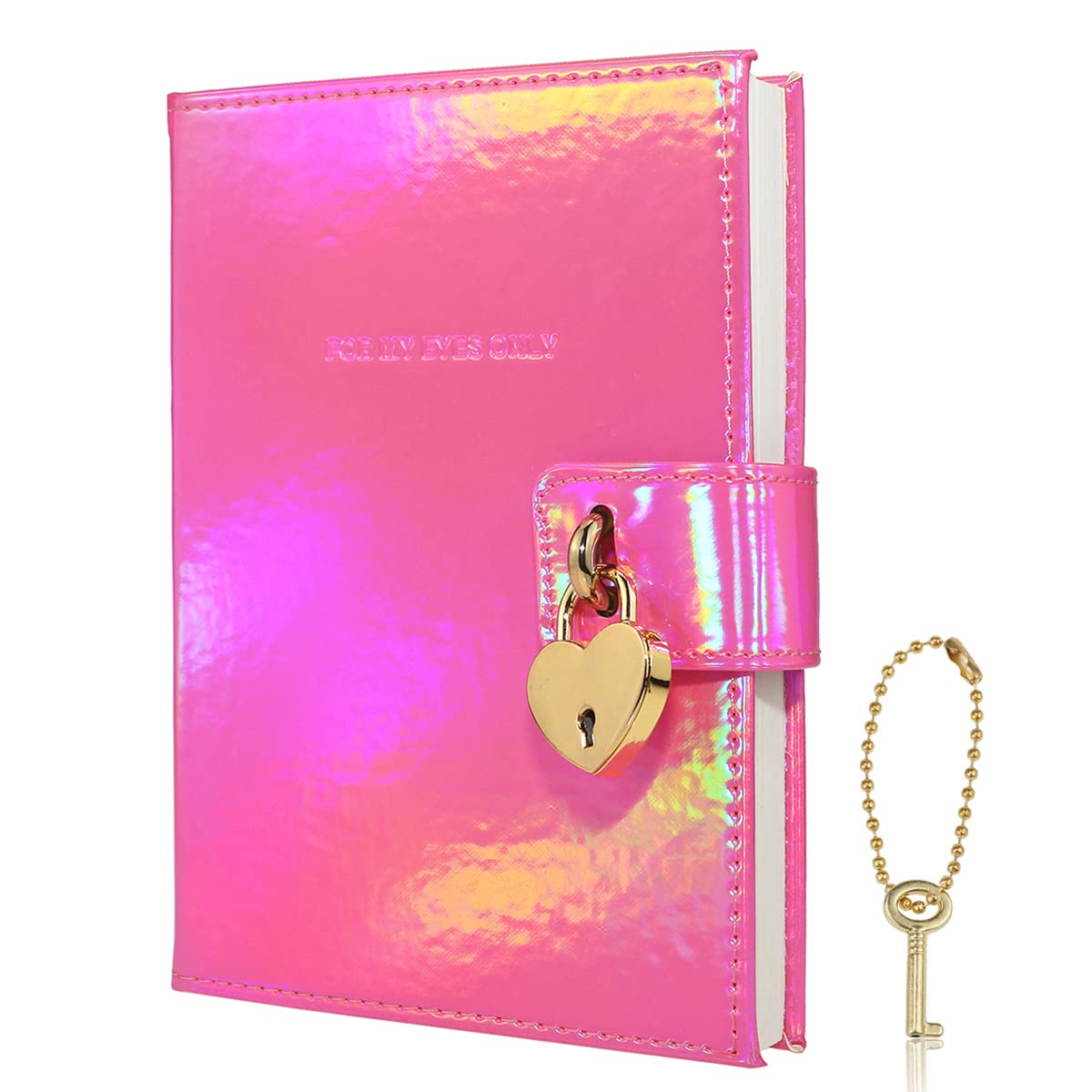 Mazeran Heart Shaped Lock Journal, Laser Rainbow PU Hard Cover Notebook Travel Diary, B6 Lined Locking with Key Personal Planner Secret Organizers Gift for Girls Women Daughter