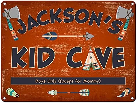 Jackson's Kid Cave Sign ~ Personalized Wall Decor for Boys ~ 9"x12" 24-Gauge Steel ~ American Native Indian Boho Theme ~ USA Made ~ Decorations and Gifts for Nursery and Toddler Rooms