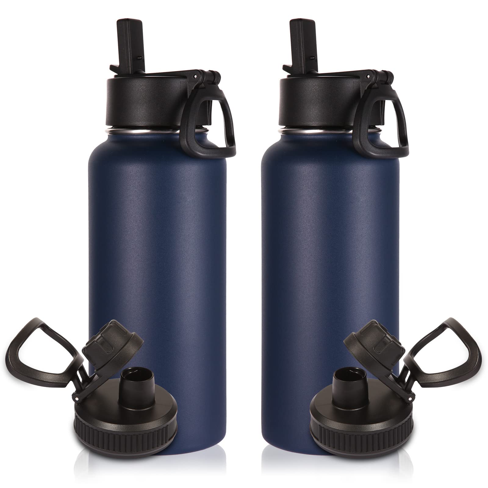 Volhoply 1 Litre Insulated Water Bottles Bulk 2 Pack with Straw Lid & Spout Lid,Stainless Steel Sports Water Bottle,Double Wall Vacuum Tumbler,Leakproof Wide Mouth Metal Flask for Travel (Navy,2)
