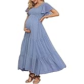 guruixu Swiss Dot Smocked Maternity Dress for Photoshoot and Baby Shower | Flowy Maternity Maxi Dress, V Neck, Ruffle Sleeves, Empire Waist, Tiered Skirt, Wedding Guest Summer Pregnancy Dress