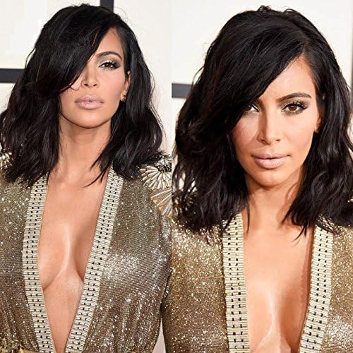 NiceToBuy Glueless Short Wavy Bob HairCut Lace Front Wig with Side Bangs Brazilian Virgin Human Hair Wigs for Women 8inch, #1b Natural Black Color