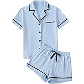LYANER Women's Cotton Pajamas Set Button Short Sleeve Shirt with Shorts Set PJs Loungewear