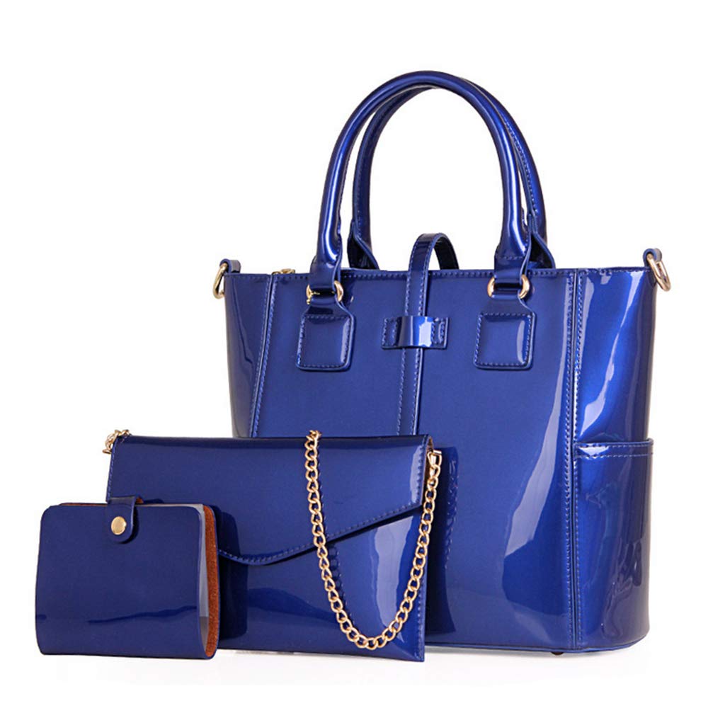 Chikencall® Women Fashion Handbags Patent Leather Tote Purses Ladies Shoulder Bags Top Handle Chain Satchel Purse Set 3pcs Blue