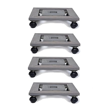 Sharpex Wooden Plant Stand | Planter Trolley Rolling Tray Coaster | Trolley Heavy Duty Wheels Flower Pot Trolley | 4 Moving Wheels Plant Trolley - Grey-Set of 4
