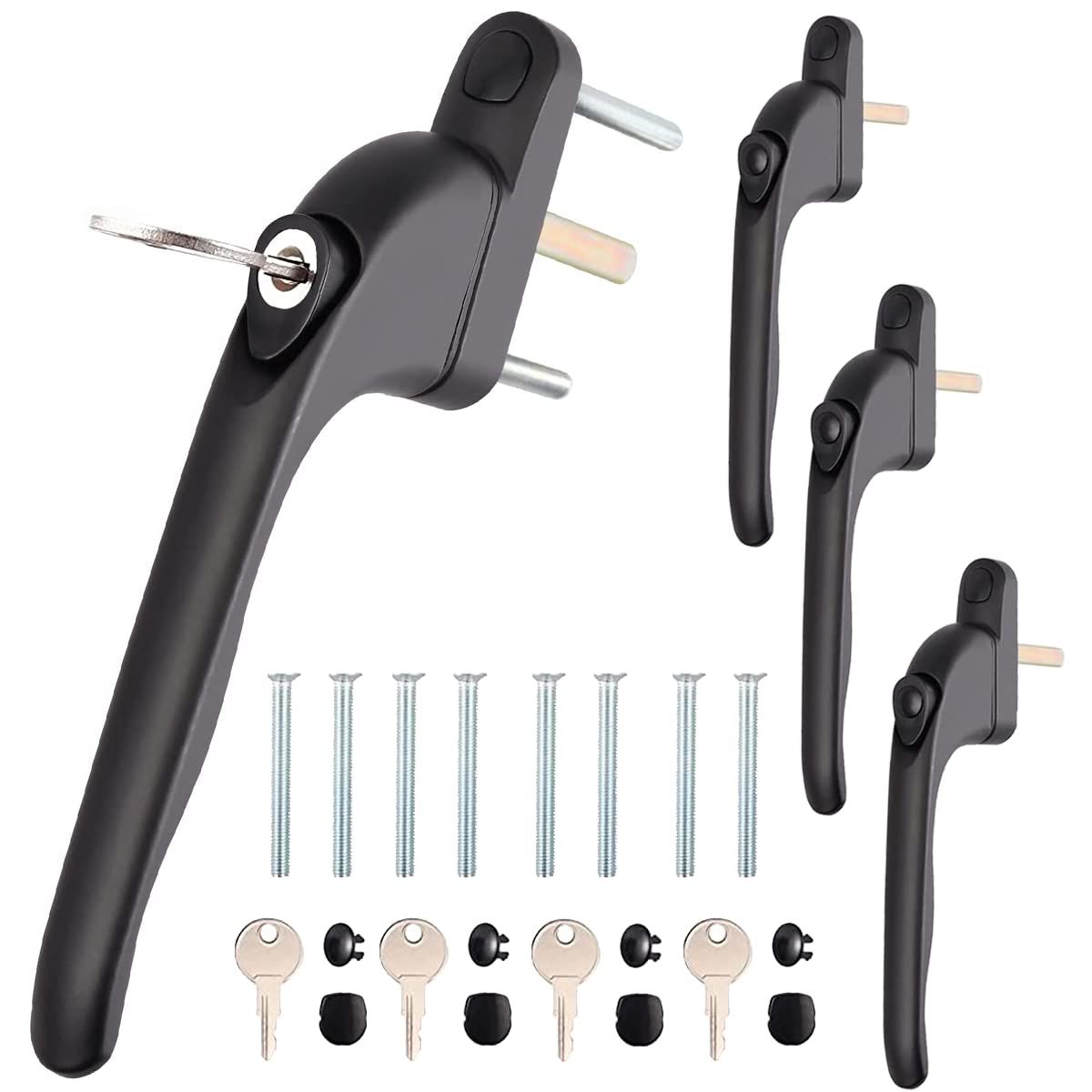 UPVC Window Handle Black WODSTA 4PCS Lockable Window Handle Inline Locking Universal Espag Handles with Key Aluminum Black with 43mm Spindle Length for UPVC Window