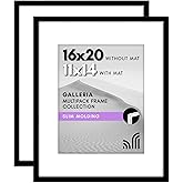 Americanflat 16x20 Picture Frame with Polished Plexiglass - Set of 2 - Use as 11x14 Frame with Mat or Display 16x20 Photo Without Mat - Galleria Collection - Picture Frames for Wall Display - Black
