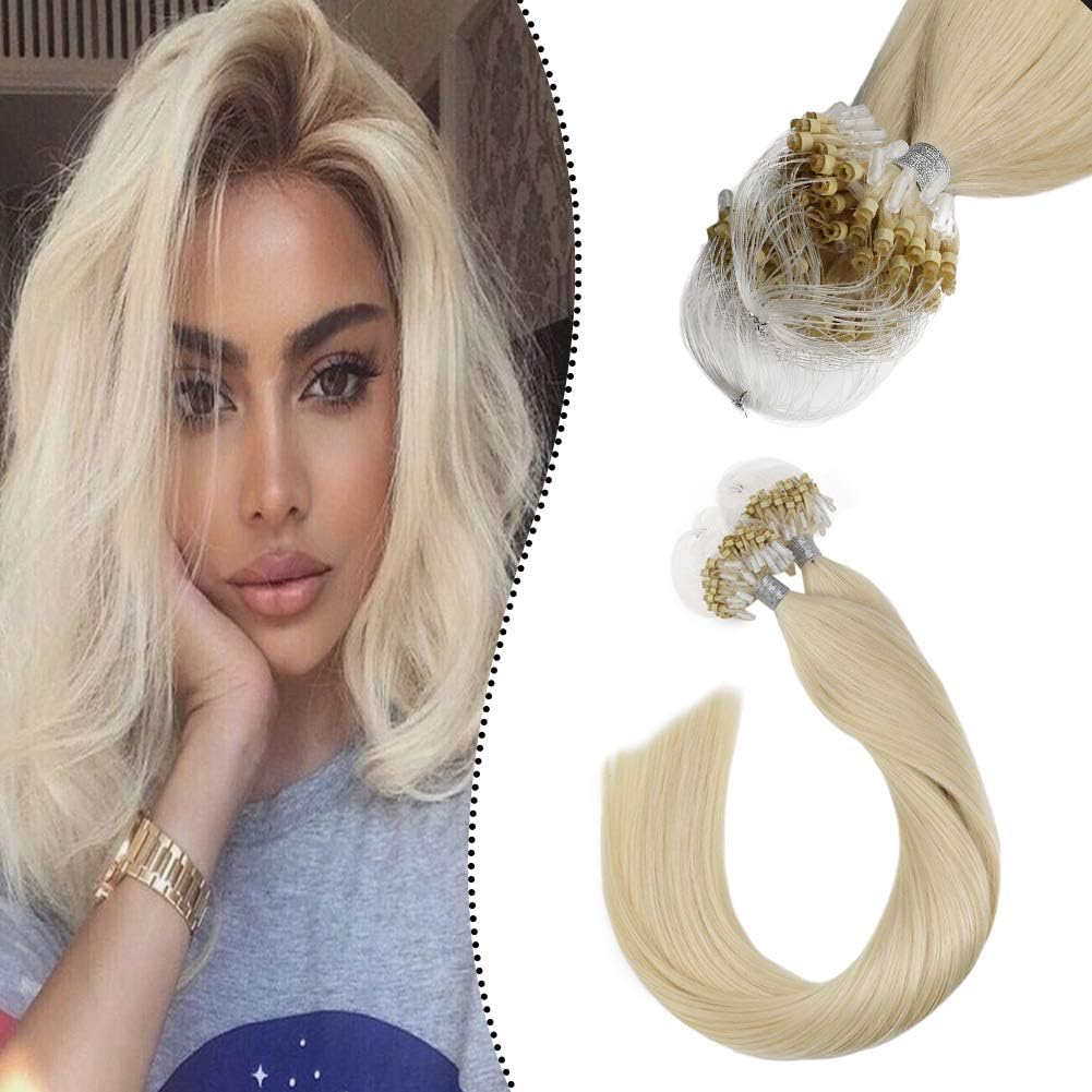 Ugeat Micro Ring Human Hair Extensions #60 Platinum Blonde Hair Extensions Micro Beads 24 Inch Micro Loop Human Hair Extensions 50 Strands Beaded Remy Hair Extensions 50 Grams