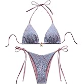BEAUDRM Women's 2 Piece Halter Bikini Set Y2k Floral Textured Tie Side Triangle Bathing Swimsuits Vacation Outfits