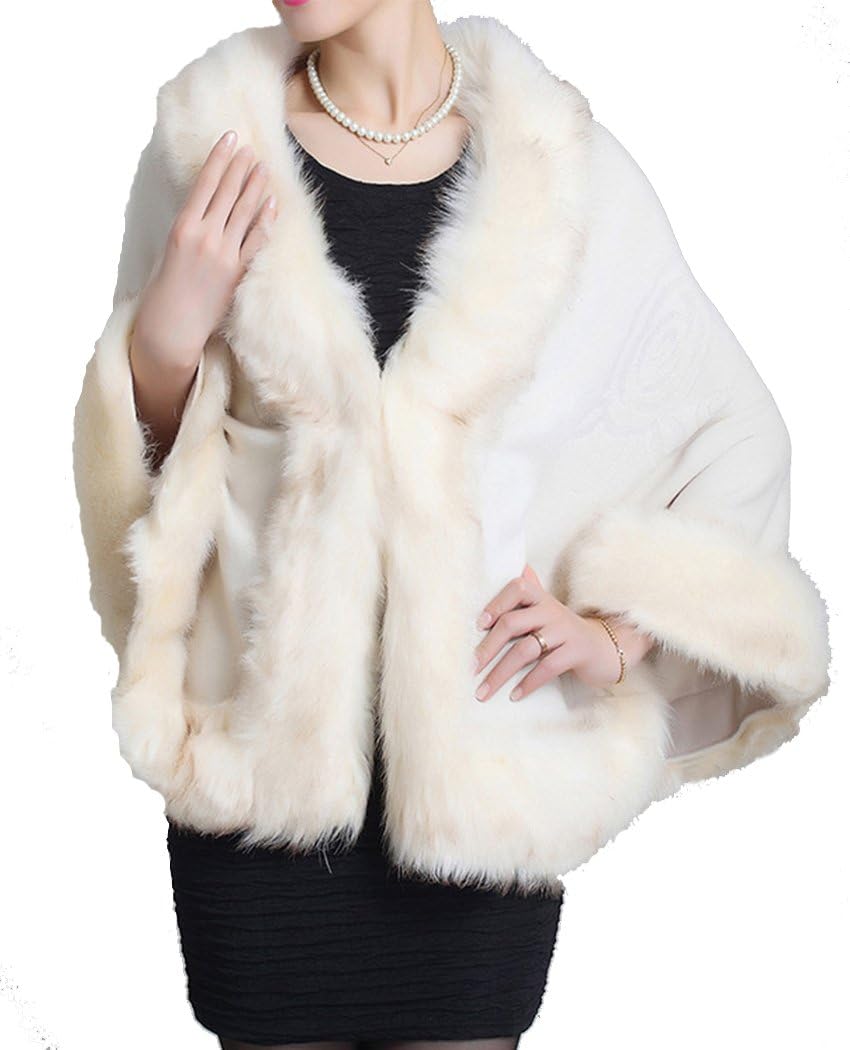 Helan Women's Faux Fox Fur Shawl Cloak Cape Coat with Floral