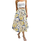 Midi Skirts for Women with Slit Long Knee Length Floral Elastic Pleated Maxi Skirt for Party Holiday(Floral Yellow L)