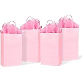 DjinnGlory 24 Pack Small Pink Paper Gift Bags with Handles 9x5.5x3.15 Inch and 24 Tissue Wrapping Paper for Business Birthday Wedding Bridal Baby Shower Party Favors Goodies