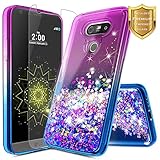 LG V20 Case w/[Tempered Glass Screen Protector], NageBee Glitter Liquid Quicksand Waterfall Floating Flowing Sparkle Shiny Bling Diamond Girls Cute Case for LG V20 -Purple/Blue