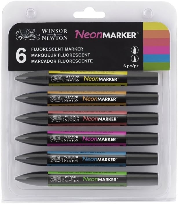 Winsor & Newton NeonMarker - Twin Tip; Broad + Fine - Water Based Pigment Ink - Set of 6 , Multicolor